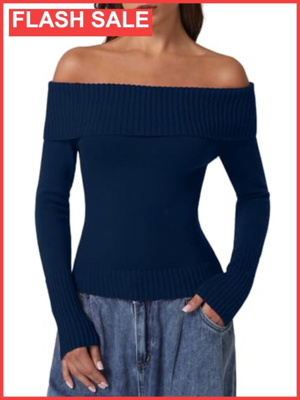 Cotton Off The Shoulder Sweater Women Long Sleeve Ribbed Knit Pullover Slim Fit